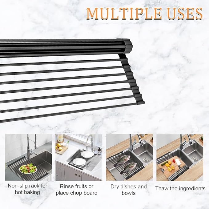 LEMIKKLE 20.5" x 13" Roll Up Dish Drying Rack Silicone Wrapped Over The Sink Dish Drying Rack Foldable Sink Drying Mat, Heat-Resistant & Anti-Rust Dish Rack for Kitchen Sink, Black-Ruum Studio Home