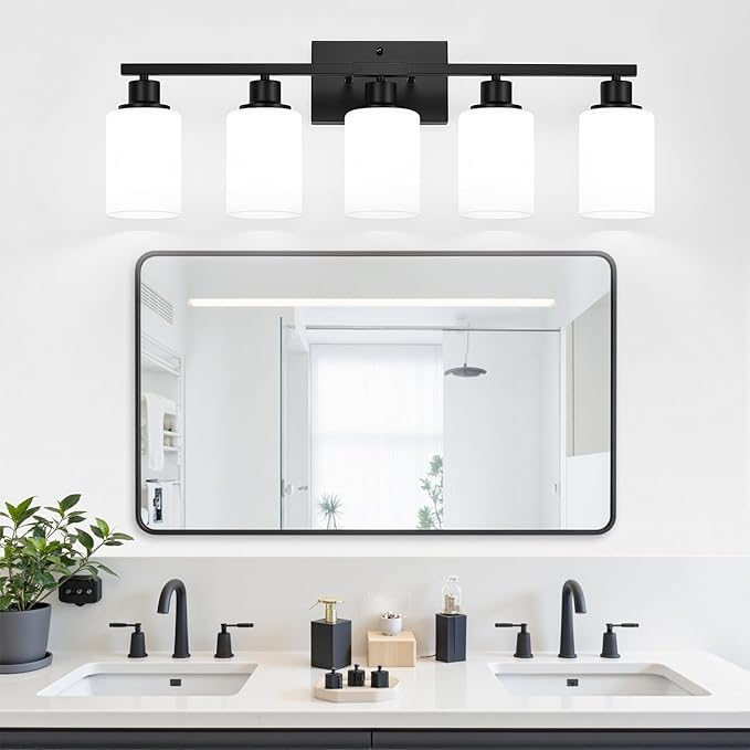 5-Light Black Bathroom Vanity Light Fixture with Milky White Frosted Glass Shades, Bathroom Light Fixture for Mirror, Matte Finish, Reversible Up/Down Lighting for Bedroom, Living Room, Hallway-Ruum Studio Home