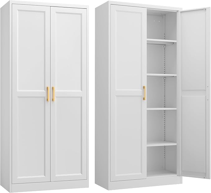 Kitchen Pantry Cabinet,71”White Metal Pantry Storage Cabinet with Doors and 4 Adjustable Shelves,Kitchen Cabinet with 2 Gold Handles,Tall Cabinet for Livingroom,Pantry, Bathroom,Kitchen-Ruum Studio Home