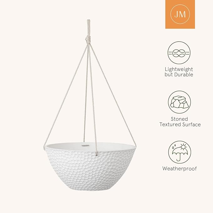 LA JOLIE MUSE Hanging Planters for Outdoor Plants, Large Hanging Planter with Drain Holes, Outdoor Hanging Flower Pots, White Stone, Honeycomb (13.2 Inch, Set of 2)-Ruum Studio Home