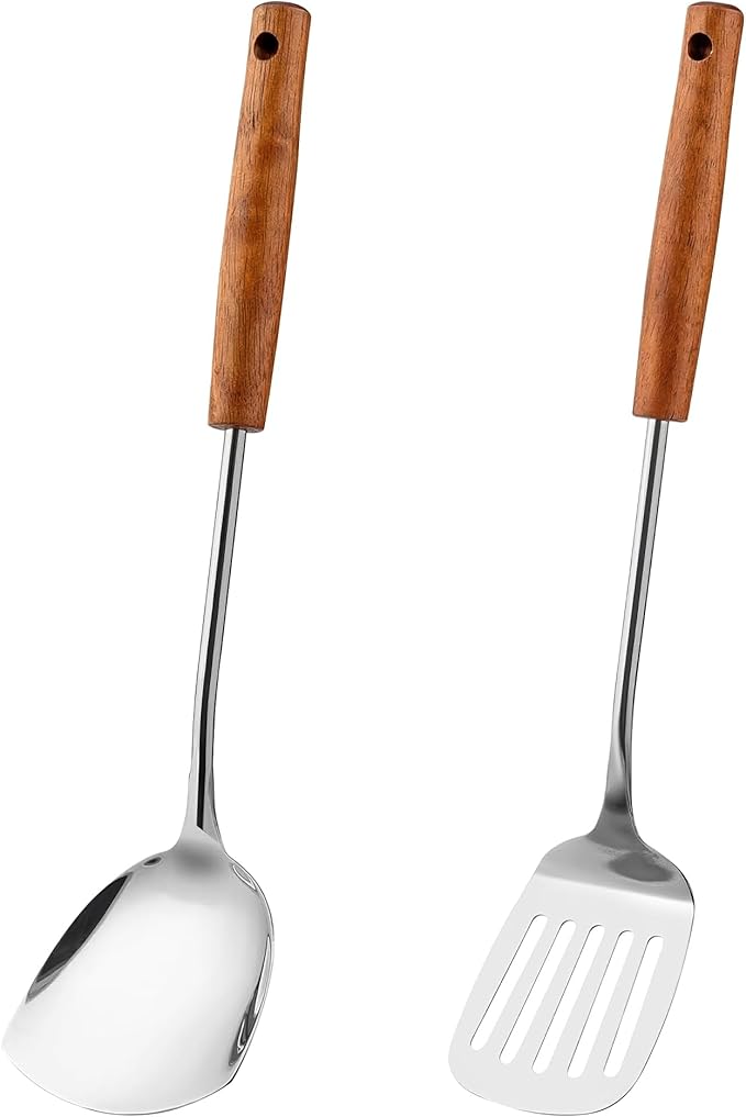 FJNATINH Spatulas and Turner Set - Stainless Steel Wok Tools, Wok Utensil,Stainless Steel Cooking Utensils 14.6-15.2" Kitchen Utensils Cookware (Wood Handle-Spatulas 2PCS)-Ruum Studio Home