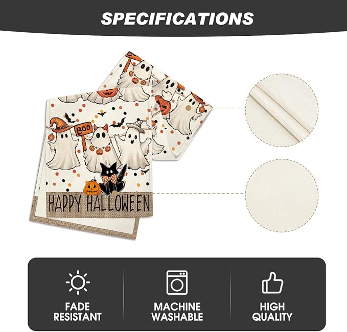 Artoid Mode Beige Ghost Jack-O'-Lantern Black Cat Halloween Table Runner,Holiday Kitchen Dining Table Decoration for Home Party Decor 13 x 72 Inch-Ruum Studio Home