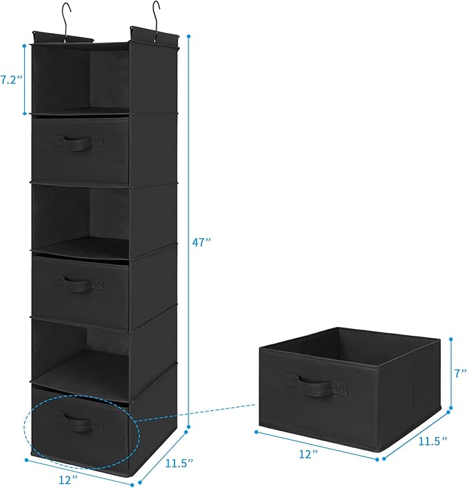 MAX Houser 6 Tier Shelf Hanging Closet Organizer, Closet Hanging Shelf with 2 Sturdy Hooks for Storage, Foldable (Black-D3)-Ruum Studio Home