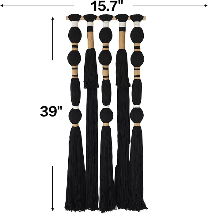 Macrame Wall Hanging Black Sphericity Cotton Tassels Textile Hanging Geometric Yarn Wall Art for Bedroom Living Room Decor 15.7" W x 39" L-Ruum Studio Home