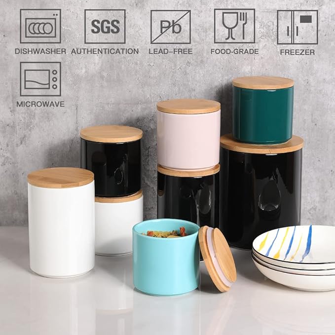 Sweejar Ceramic Kitchen Canister Sets, Porcelain Container for Countertop, Heavy Food Storage Jars with Airthight Seal Bamboo Lid, Servering for Sugar, Coffee Beans, Tea Leaves, Pack of 4（White）-Ruum Studio Home