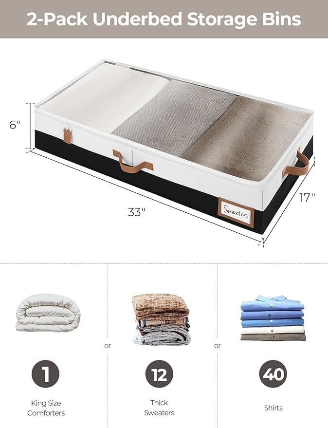 StorageWorks Large Under Bed Storage Containers with Handles and Label Holder, 2 Pack Ultra-thick Fabric Underbed Bins, Closet Organizer for Clothes, Blankets, Sweater-Ruum Studio Home