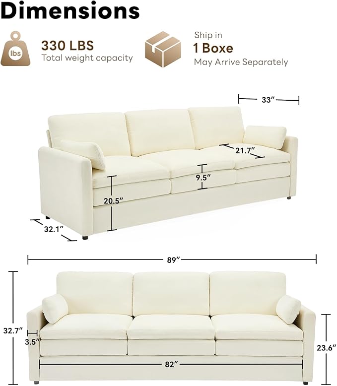 Tbfit Modern Couch Sofa, 89" Cloud Couch w/Pillows, Pocketed Spring Seat, Comfy 3-Seater Plush Foam Cushions, Chenille Fabric Removable Covers, Soft Upholstered Living Room Furniture Apartment, Beige-Ruum Studio Home