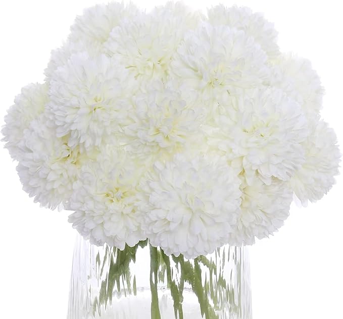 Kimura's Cabin 20Pcs Fake White Flowers Artificial Chrysanthemums Ball Flower Faux Silk Mums Flowers for Wedding Party Home Kitchen Table Core Decoration DIY Bouquets (White)-Ruum Studio Home
