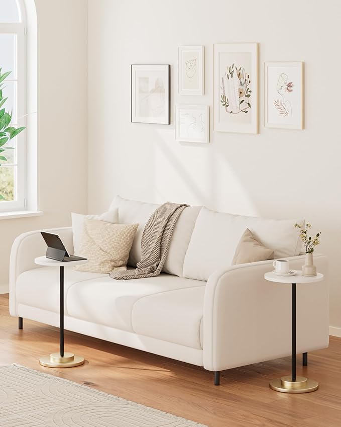 Masupu Drink Table, Round Side Table for Small Spaces, Pedestal Side Table, Small End Table with Metal Base, for Living Room, Bedroom, Bathroom, White-Ruum Studio Home