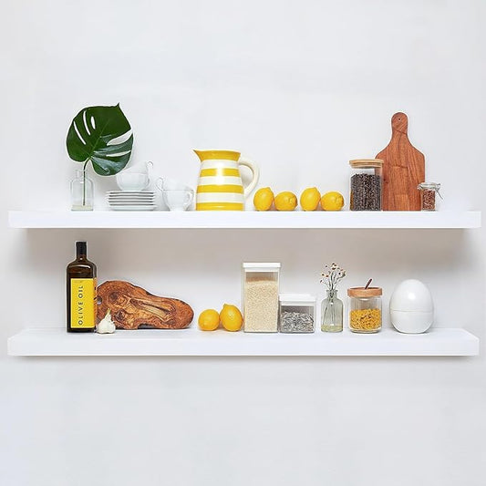 Homeforia Floating White Shelf 60 inches, High End Solid Real Wood 60inch Long Floating Shelves for Wall Mounted, White Wooden 60in Floating Shelves, Heavy Duty Bracket, 60 X 6.5 X 1.75 inch, Set of 2-Ruum Studio Home