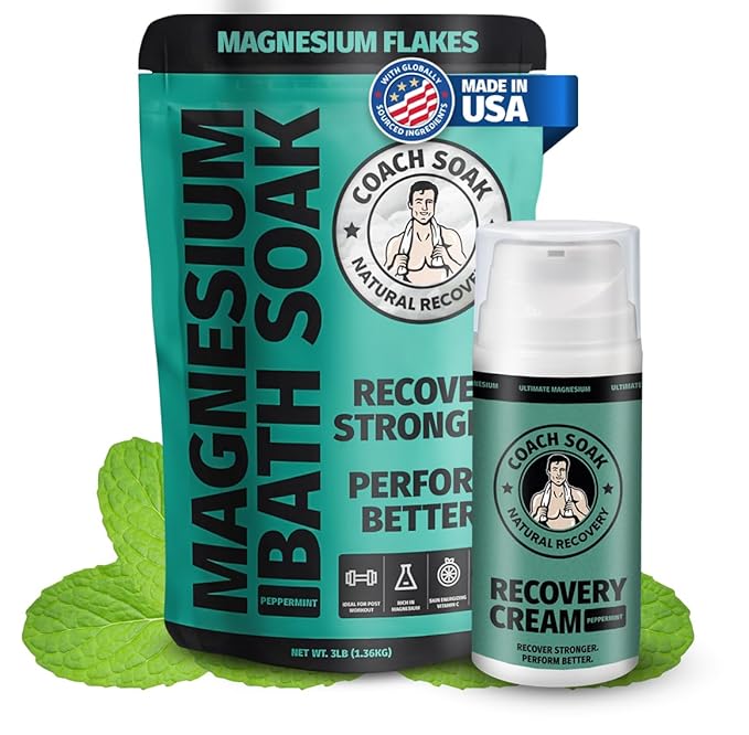 Coach Soak Recovery Bath Soak & Cream - Alternative to Epsom Salt Bath Soak - Fast-Absorbing Pure Magnesium Flakes with 21 Minerals, Bath Salts & Essential Oils - 2 Pack - Cooling Peppermint-Ruum Studio Home