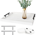 Coffee Table Tray - Large Ottoman Tray for Living Room - Wood Serving Tray with Handles(2 Sets) - Wooden Tray for Coffee Table, 4 Round Coasters Included, White-Ruum Studio Home