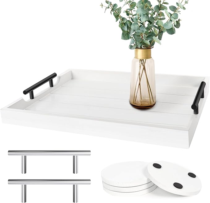 Coffee Table Tray - Large Ottoman Tray for Living Room - Wood Serving Tray with Handles(2 Sets) - Wooden Tray for Coffee Table, 4 Round Coasters Included, White-Ruum Studio Home