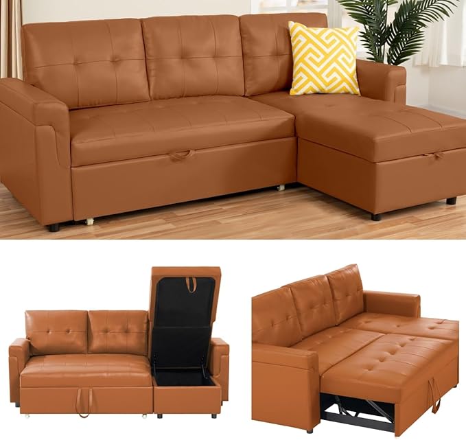 Naomi Home Transform Any Space: Sleeper Sectional Sofa with Convertible Sofa Bed & Inviting Chaise. Find Tranquil Comfort with Stress-Relieving Design & Durable Cushions - Caramel,Air Leather-Ruum Studio Home