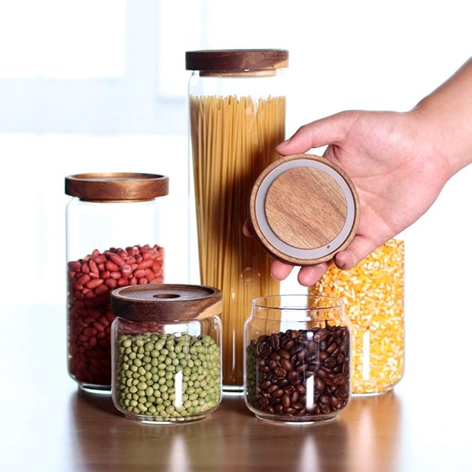 Glass Canisters Set of 5 for the kitchen, Glass Storage Container jars with Airtight Acacia Lid for Coffee Beans, Flour, Sugar, Rice and Spaghetti and etc-Ruum Studio Home