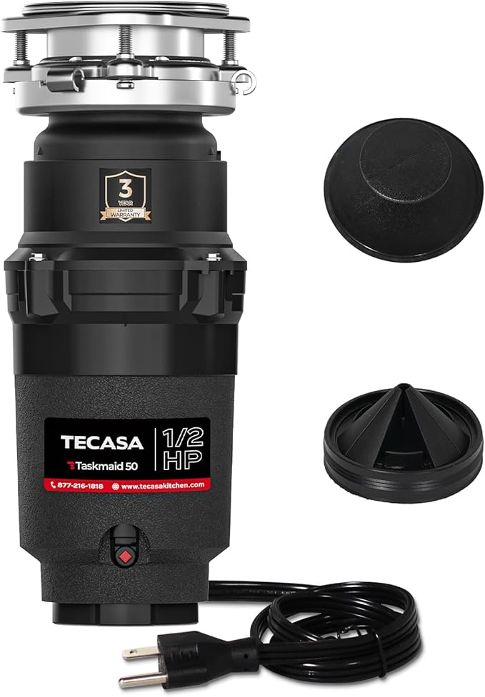 1/2 HP Garbage Disposal, TECASA Food Garbage Disposal with Power Cord, Stainless Steel Grinding System and 3-Bolt Mounting, Continuous Feed Compact Garbage Disposals, UL Certified, Taskmaid Series 50-Ruum Studio Home