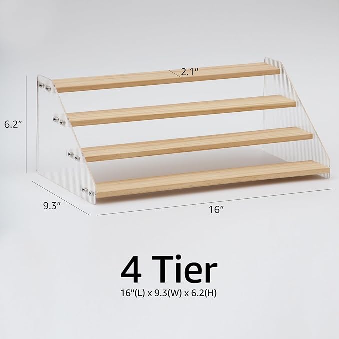 nianfeng Tiered Spice Rack, 4-Tier Spice Pantry Kitchen Cabinet Organizer, 16-Inch, Natural Wood Acrylic Stair Riser Stand, Countertop Seasoning Shelf-Ruum Studio Home