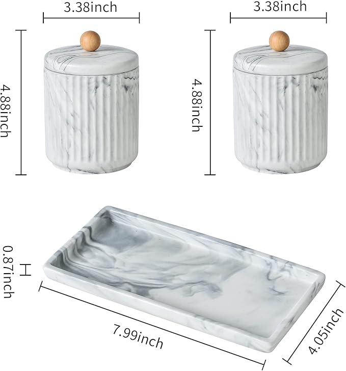 Marble Small Bathroom Jar Set ，Ceramic Cotton Swabs Holder with Lid and Dresser Organizer Set Tray for Storage and Organizing in Bathroom, Dresser, Kitchen, Office-Ruum Studio Home