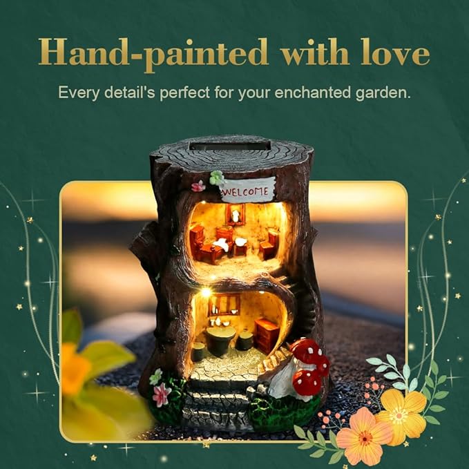 Solar Light Gnome Fairy Garden House for Outside, Big Size Fairy Miniature Buildings Accessories House Sculptures for Outdoor Garden Patio Lawn Path Decorations, 8" Tall-Ruum Studio Home
