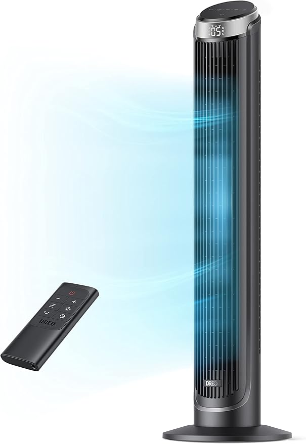 Dreo Tower Fan for Bedroom, 90° Oscillating Fans that Blow Cold Air, 5 Speeds, 4 Modes with 26ft/s Velocity, 12H & 28dB Quiet Timer, Remote, Touch, 40" Standing Floor Fan for Home Office, Black-Ruum Studio Home