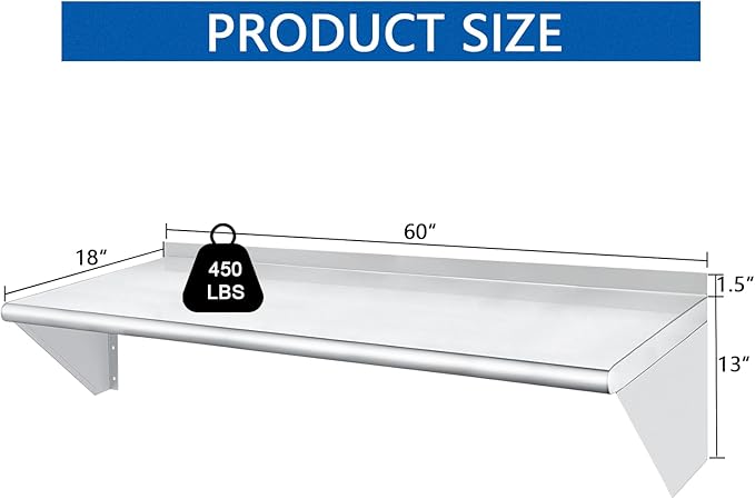 HARDURA Stainless Steel Shelf 18" x 60", 450lb Commercial Shelves Wall Mount Metal Shelving with Backsplash and Brackets for Kitchen, Restaurant, Laundry Room and Home-Ruum Studio Home
