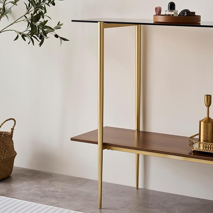 Glass Console Table for Living Room, Foyer & Entrance, 2-Tiers Mid-Century Modern Sofa Table with Amber Glass Top, Walnut Finish Wood Shelf and Gold Finish Frame-Ruum Studio Home
