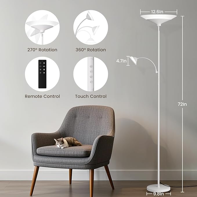 Upgraded 2-Light Torchiere Floor Lamp - 34W Color Changing Standing Lamp with Remote, Rotatable Floor Reading Light, Modern Standing Light with for Living Room Bedroom Office, White-Ruum Studio Home