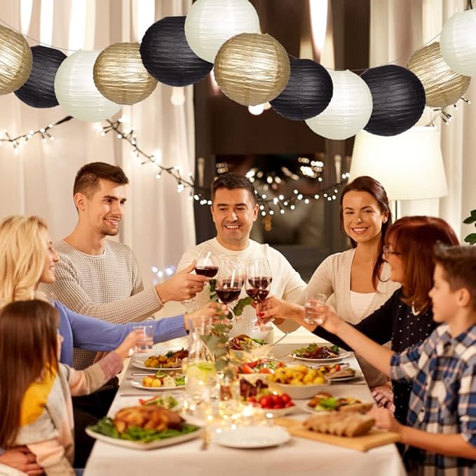 Paper Lanterns Decorative, Black Gold Hanging Round Chinese Lanterns with Lights for Graduation Anniversary Birthday Party 12 LED Light Pack of 12-Ruum Studio Home