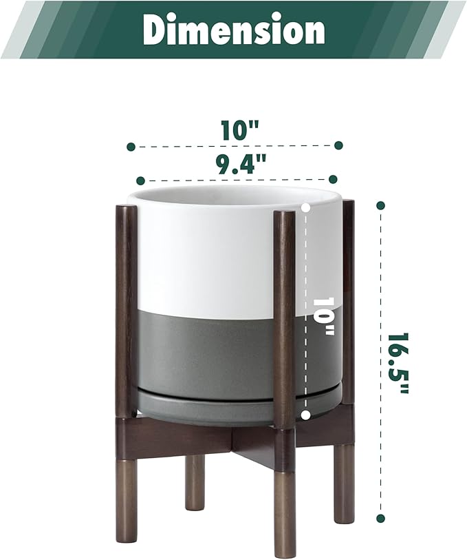 D'vine Dev Ceramic Planter with Walnut Color Stand - 10 Inch Modern Round Flower Pot with Wood Planter Holder, White/Grey, 55-B-X-6-Ruum Studio Home