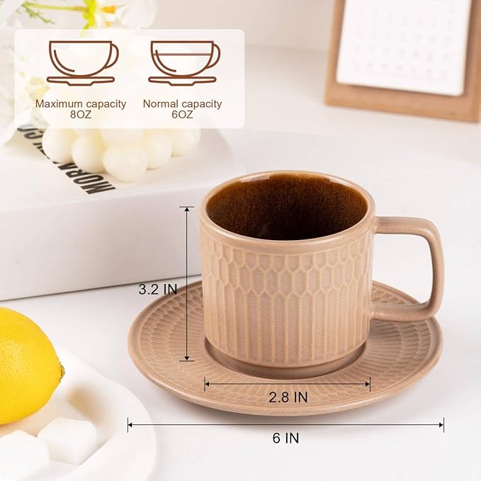 Large Cappuccino Cups with Saucers Set of 4, 8 Ounce Stackable Embossed Ceramic Coffee Mugs for Specialty Coffee Drinks, Latte, Cafe Mocha and Tea, Dishwasher & Microwave Safe (Brown)-Ruum Studio Home