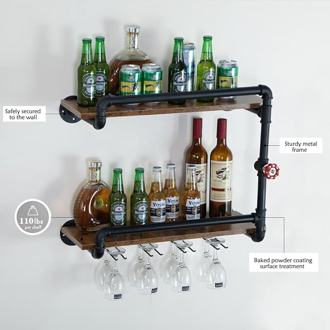 Wine Rack Wall Mounted 2 Tier, Hanging Floating Small Mini Bar Liquor Shelves with Glass Holder Storage Under, Industrial Rustic Pipe Farmhouse Kitchen Decor Black(23.6x10.6x19.7)-Ruum Studio Home