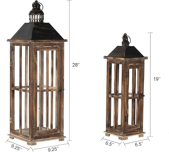 Large Farmhouse Wooden Decorative Lantern Set of 2, Rustic Distressed Brown Burnt Wood Floor Candle Lanterns, Indoor/Outdoor Hanging Lanterns for Home Decor (No Glass)-Ruum Studio Home