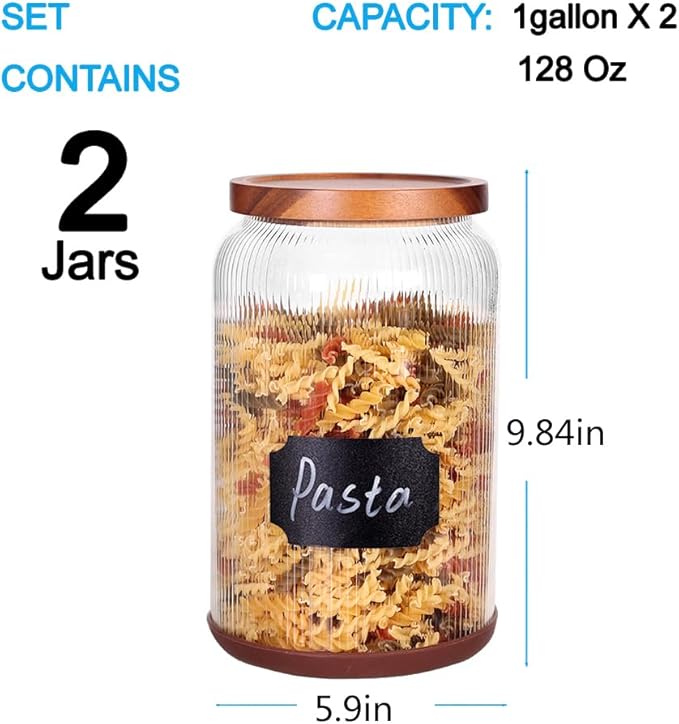 SAIOOL 2-Pack Striped Borosilicate Glass Airtight Canisters - Big mouth Large Capacity, Acacia Wood Lid, Food Storage Jars for Flour, Pasta, Pantry Organization (1 Gallon （2 Striped pack）)-Ruum Studio Home