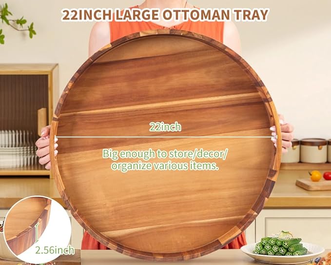 Extra Large Round Ottoman Coffee Table Tray, 22" Big Kitchen Serving Trays for Huge Ottoman Counter Giant Decorative Organizer, Huge Wood Serveware Tray with Built-in Handle for Big Job-Ruum Studio Home