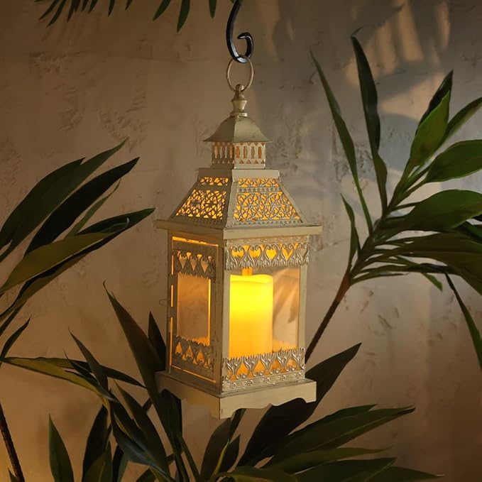 NEEDOMO Lanterns Decorative Outdoor & Indoor, Set of 2 Outdoor Lanterns for Porch,Large Square Candle Lantern, Beige Metal Frame with Glass for Fall, Christmas-Ruum Studio Home