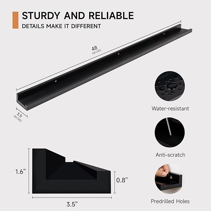 Fun Memories Picture Ledge Shelf, 48 Inch Floating Shelves Set of 2, Large Nursery Book Shelves for Toys Storage, Kids Bookshelf Wall Mounted for Wall Decor Books Photo Frames, Black-Ruum Studio Home