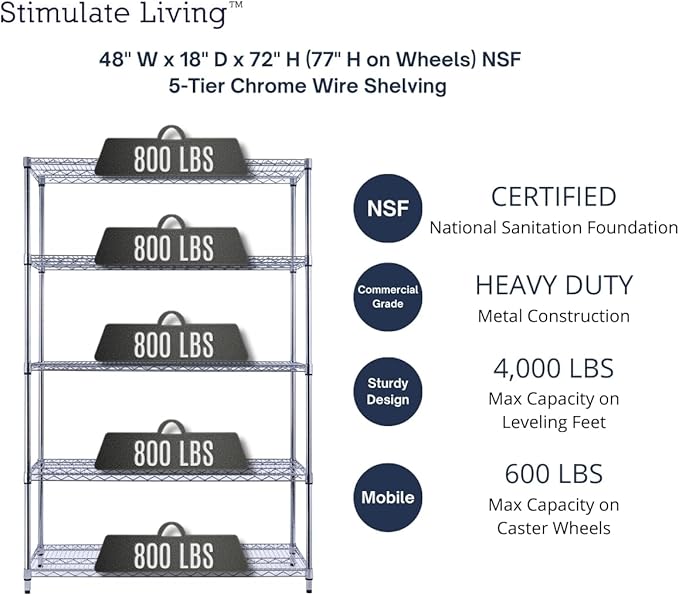 48"x18"x72" PRIME HEAVY DUTY Chrome 5-Tier Wire Shelving NSF 4000 LBS MAX Capacity Storage Rack for Commercial, School, Home, Garage, Warehouse, Industrial, and Hospital Uses (with Wheels)-Ruum Studio Home