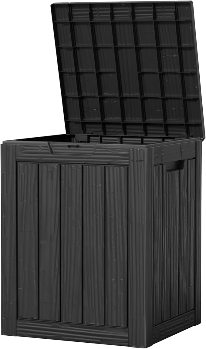 28 Gallon Double-Wall Resin Deck Box - Lockable Waterproof Outdoor Storage Box, 151lbs Capacity & Doubles as Seating for Patio Furniture - Garden Tools, Pool Accessories (Black)-Ruum Studio Home