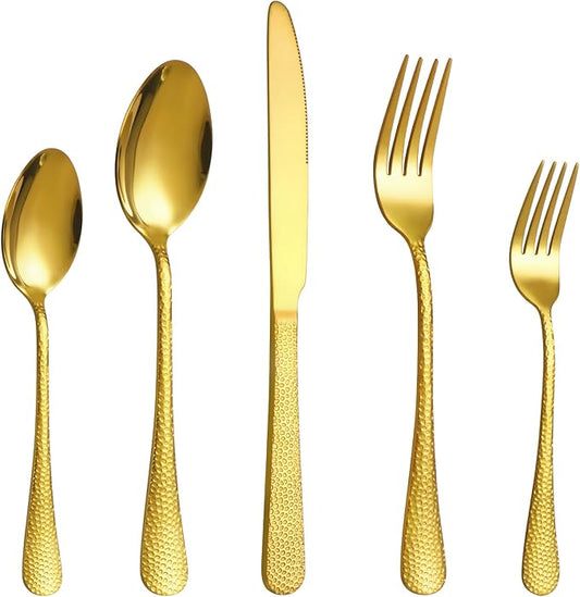 40 Pcs Gold Silverware Set for 8 with Hammered Design, Food Grade Stainless Steel Flatware Set, Eating Utensils Sets Include Fork/Knife/Spoon, Cutlery Set, Dishwasher Safe-Ruum Studio Home