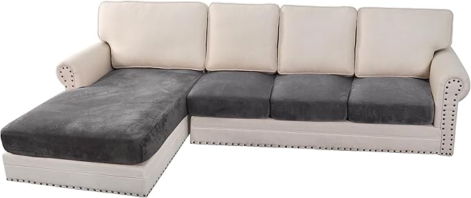 H.VERSAILTEX Velvet Stretch Sectional Sofa Covers - 4 Piece Seat Cushions for L Shape Sectional Couch (Large 3 Seater + 1 Chaise, Grey)-Ruum Studio Home