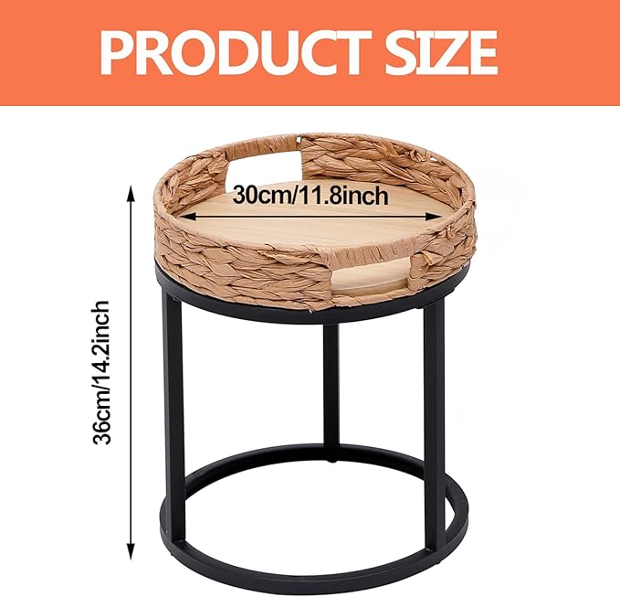 Nesting Coffee Table, Small Round Stacking Side Table with Metal Frame, Modern End Table for Living Room Bedroom Office Balcony (Rattan, 1)-Ruum Studio Home