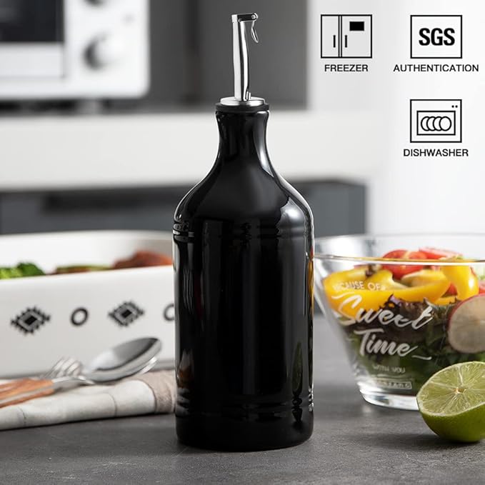 Sweejar Ceramic Olive Oil Dispenser Bottle, Opaque Oil Cruet Protects Oil to Reduce Oxidation, Suitable for Storage Oil, Vinegar, Coffee Syrups & Other Liquids, Pack of 1, 15.5 Fl Oz (Black)-Ruum Studio Home