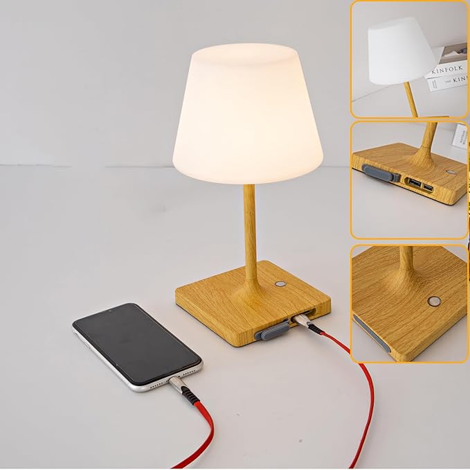 Cordless Table lamp, Outdoor Battery Operated Rechargeable Desk lamp,Waterproof Shower Lamp,4000mAh LED 3 Colors Dimmable Touch Lamps for Camping Patio Courtyard Bedroom-Wood-Ruum Studio Home
