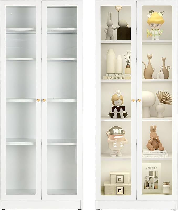 5 Tier Metal Curio Cabinets, Modern Bookshelf Cabinet with 4 Adjustable Shelves, Cabinet Display Case for Home Office, Living Room, Pantry (White-27.5W)-Ruum Studio Home