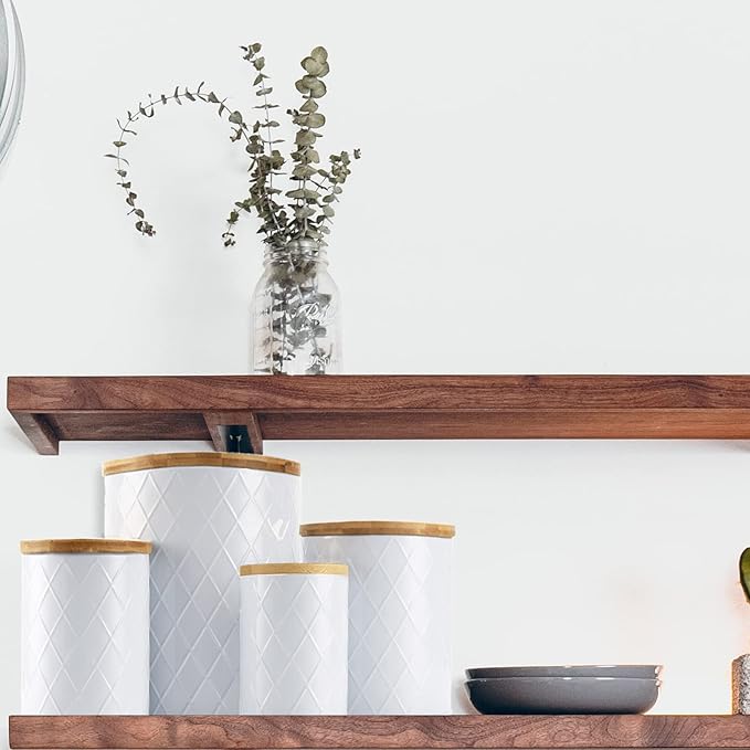 White Kitchen Canisters Set with Bamboo Lids, Airtight Sugar, Flour, Coffee, Cookie Storage Canister Sets for kitchen Countertop, Farmhouse kitchen decor, 4 Pack-Ruum Studio Home