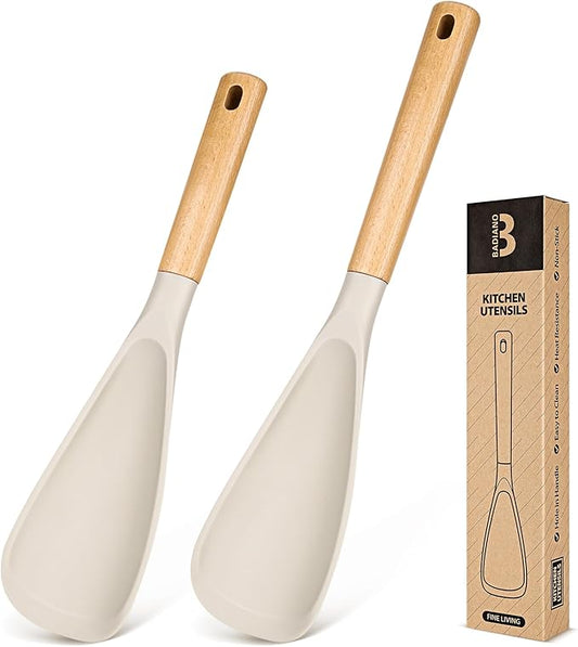 Multifunction Spatula Spoon for Nonstick Cookwares, Great for Cooking and Serving, Sturdy BPA-Free Matte Silicone, Wood Handle Spatula for Mixing, Scoop, and Scrape, Khaki(2 pack,11.4" & 13.4")-Ruum Studio Home