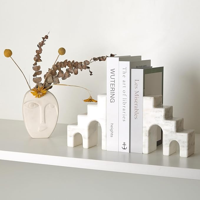 Natural Marble Book Ends for Shelves, Decorative Bookends for Heavy Books, CastleGuard Bookend Book Holder Stopper for Home Office Desk Bookshelf Decoration, Set of 2 (Oriental Calacatta)-Ruum Studio Home