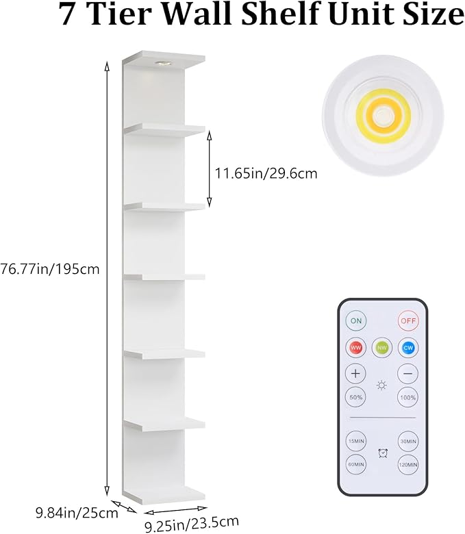 Versatile 7 Tier Shelf Unit 6.4Ft Lack Wall Shelf Unit with LED Floating Wall Shelf Unit Wall Mount Vertical Shelving for Storage Space Saving Organizer for Bedroom Living Room Office Display Decor-Ruum Studio Home
