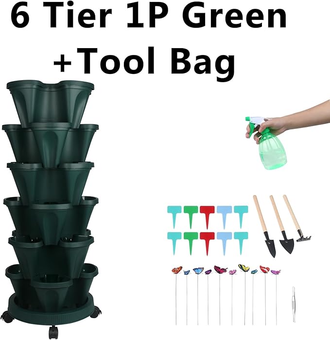 Vertical Planter, 6 Tier Stackable Strawberry Planter with Garden Tool Set, Movable Indoor/Outdoor Garden Herb Pot for Growing Vegetables and Succulents, Green-Ruum Studio Home