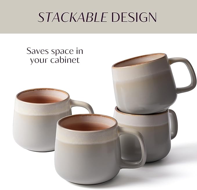 Ceramic Coffee Mugs Set of 4, 12 oz Stoneware Coffee Cups with Comfortable Handle for Latte, Tea, Cappuccino, Cocoa -Microwave and Dishwasher Safe - Modern Unique Aesthetic - Reactive Glaze-Ruum Studio Home